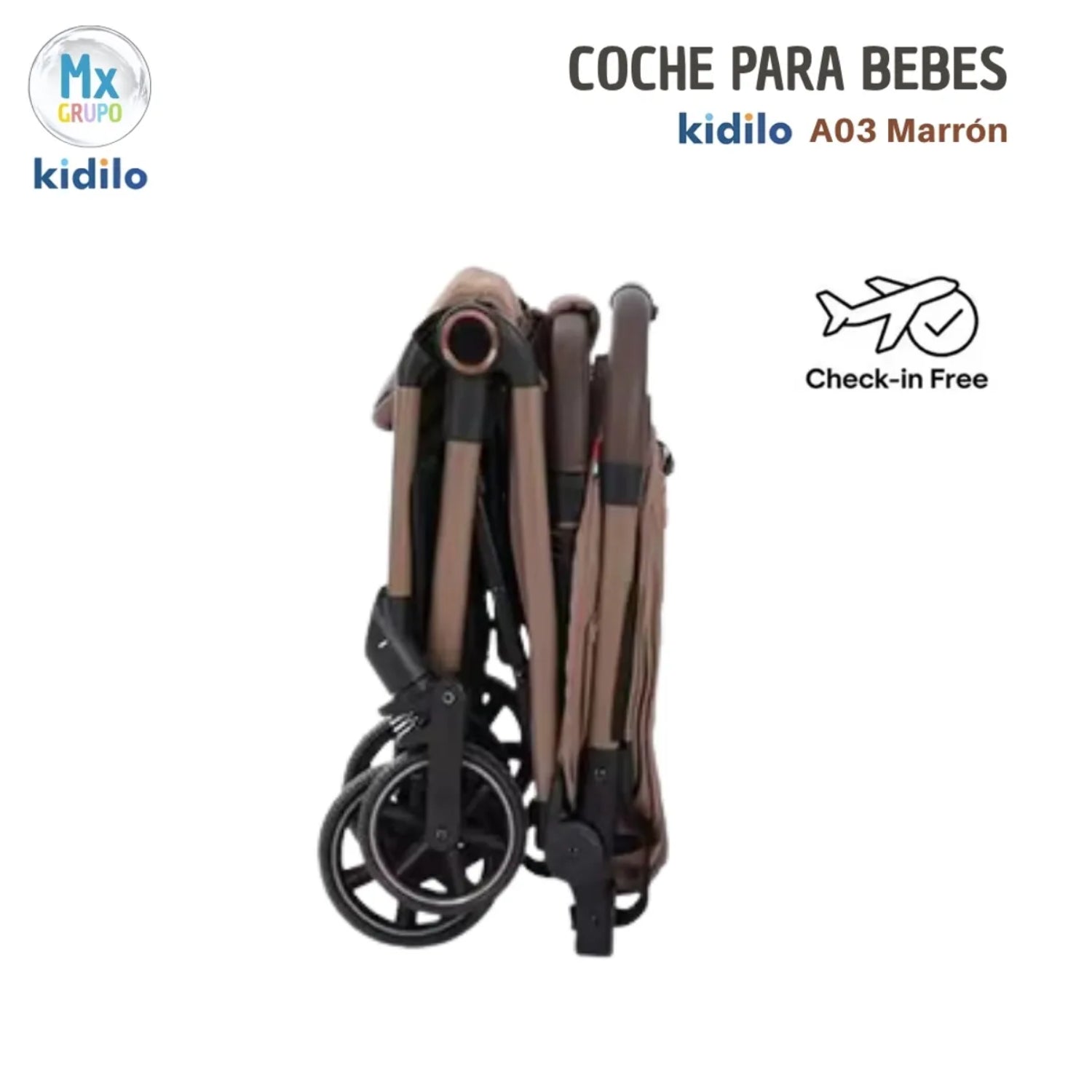 Coche marrón plegado, vista lateral, ideal para viajar con bebés.