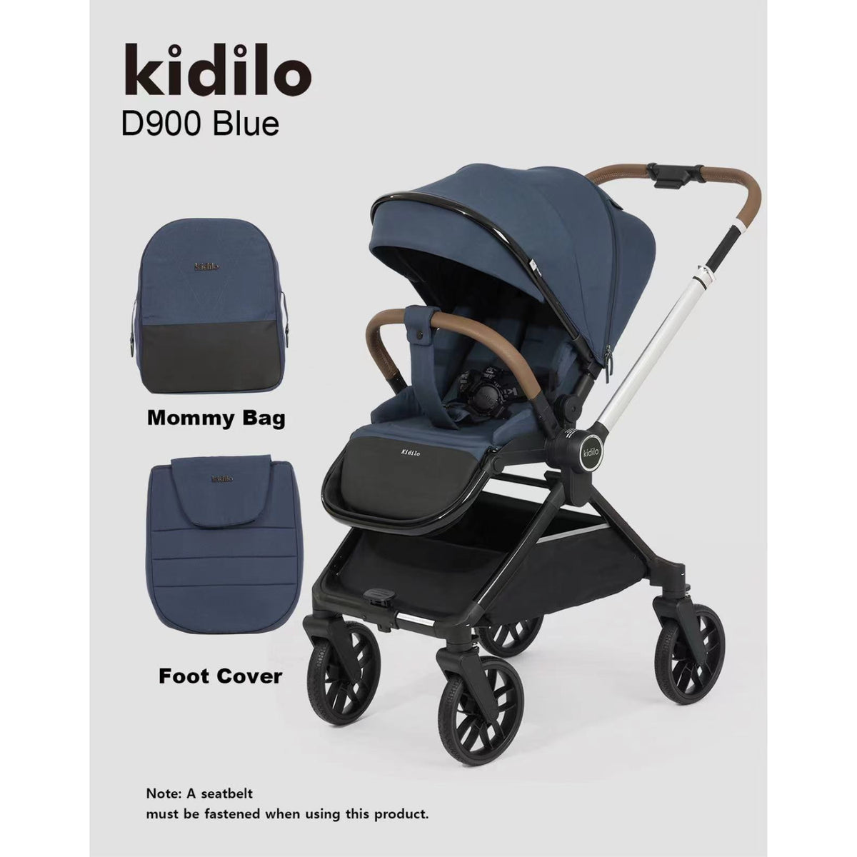 coche Kidilo D900 azul, vista frontal con bolsa y cubierta