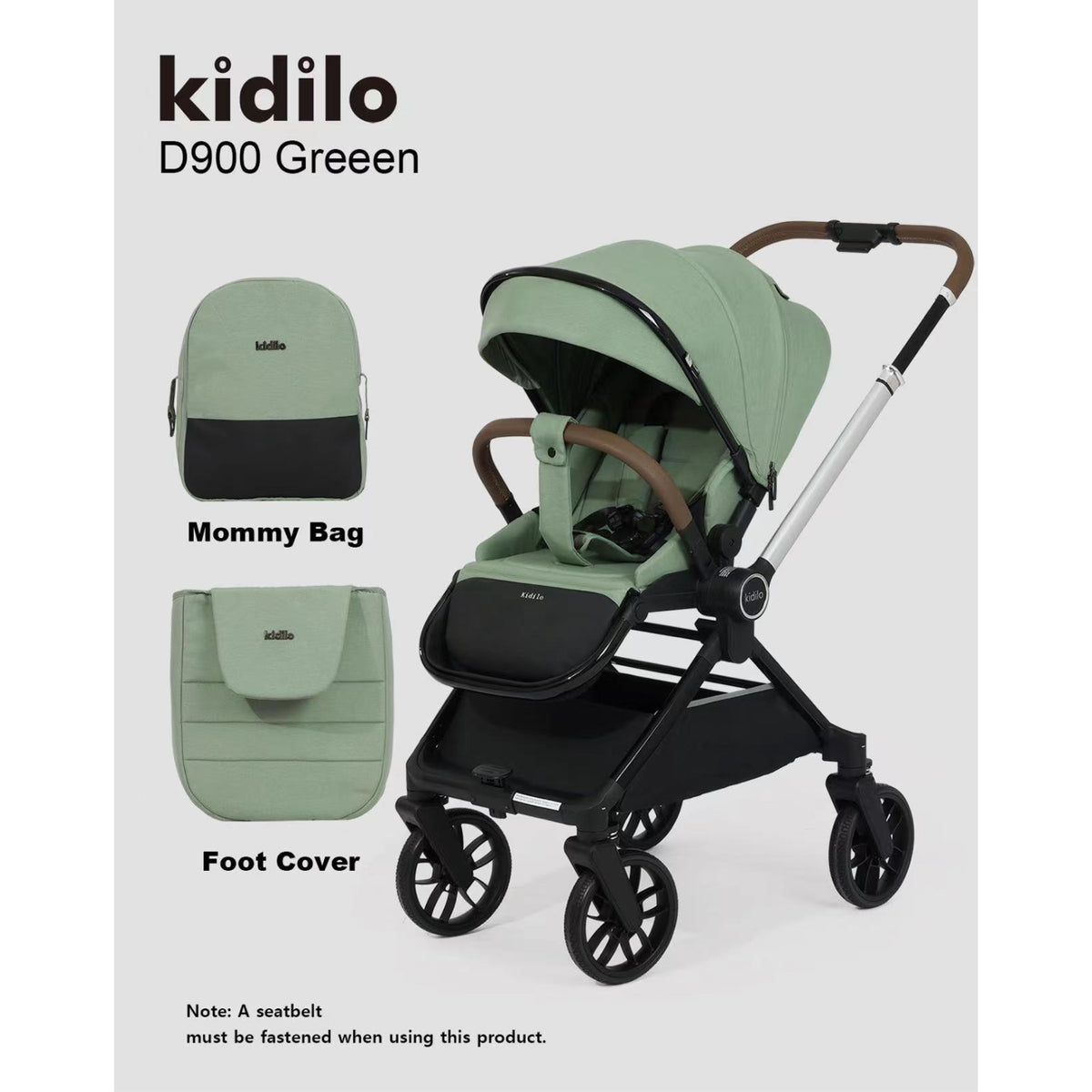 coche Kidilo D900 verde, vista frontal con bolsa y cubierta de pies