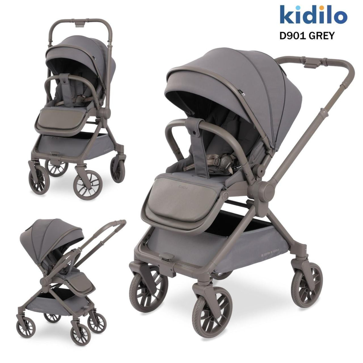 Coche gris KIDILO en diferentes ángulos, ideal para paseos con bebés