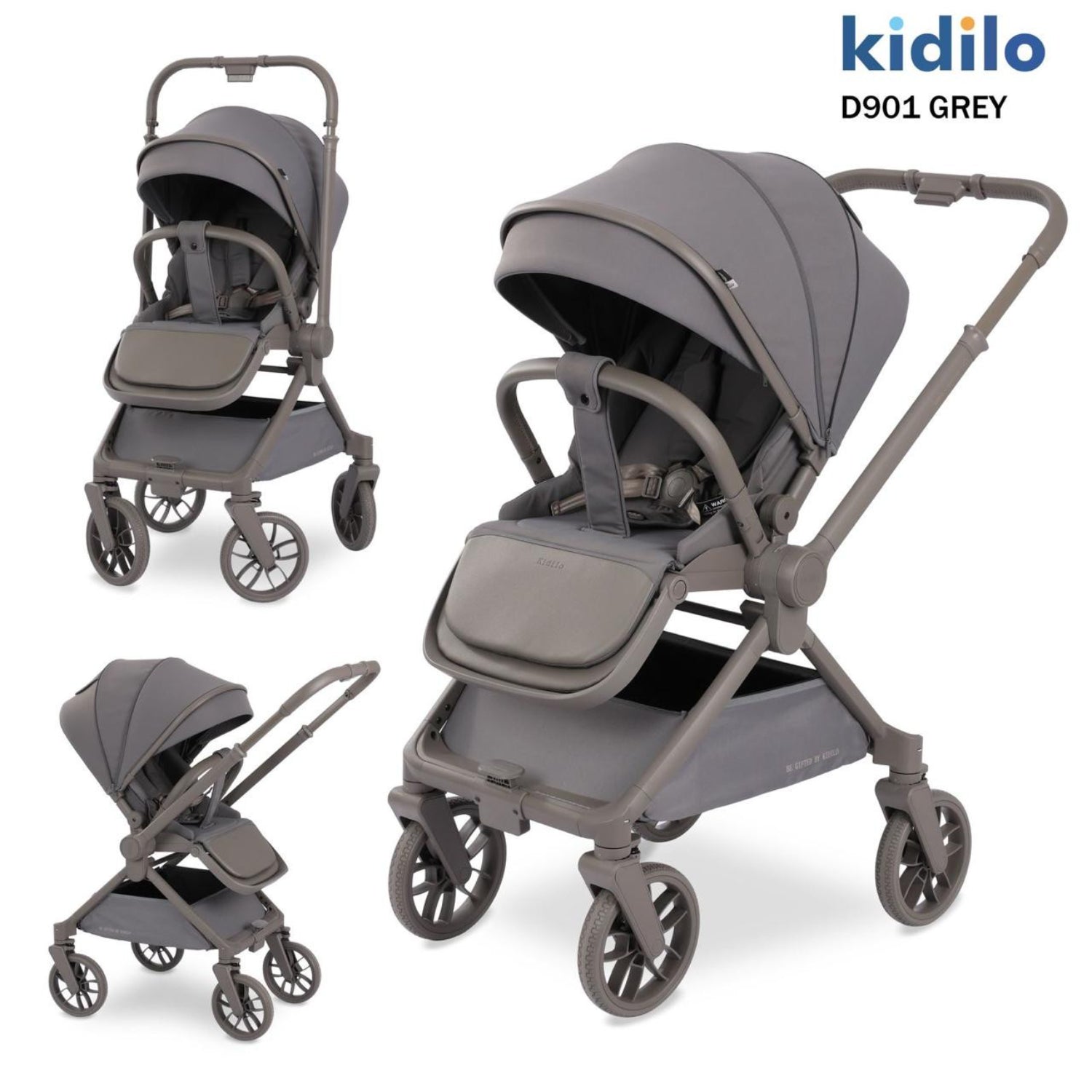 Coche gris KIDILO en diferentes ángulos, ideal para paseos con bebés