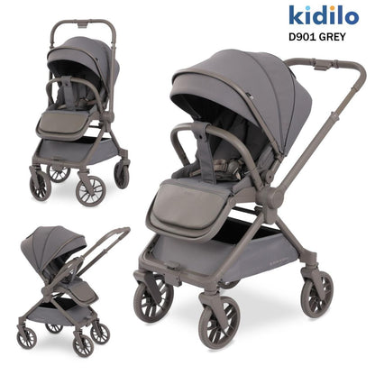 Coche gris KIDILO en diferentes ángulos, ideal para paseos con bebés