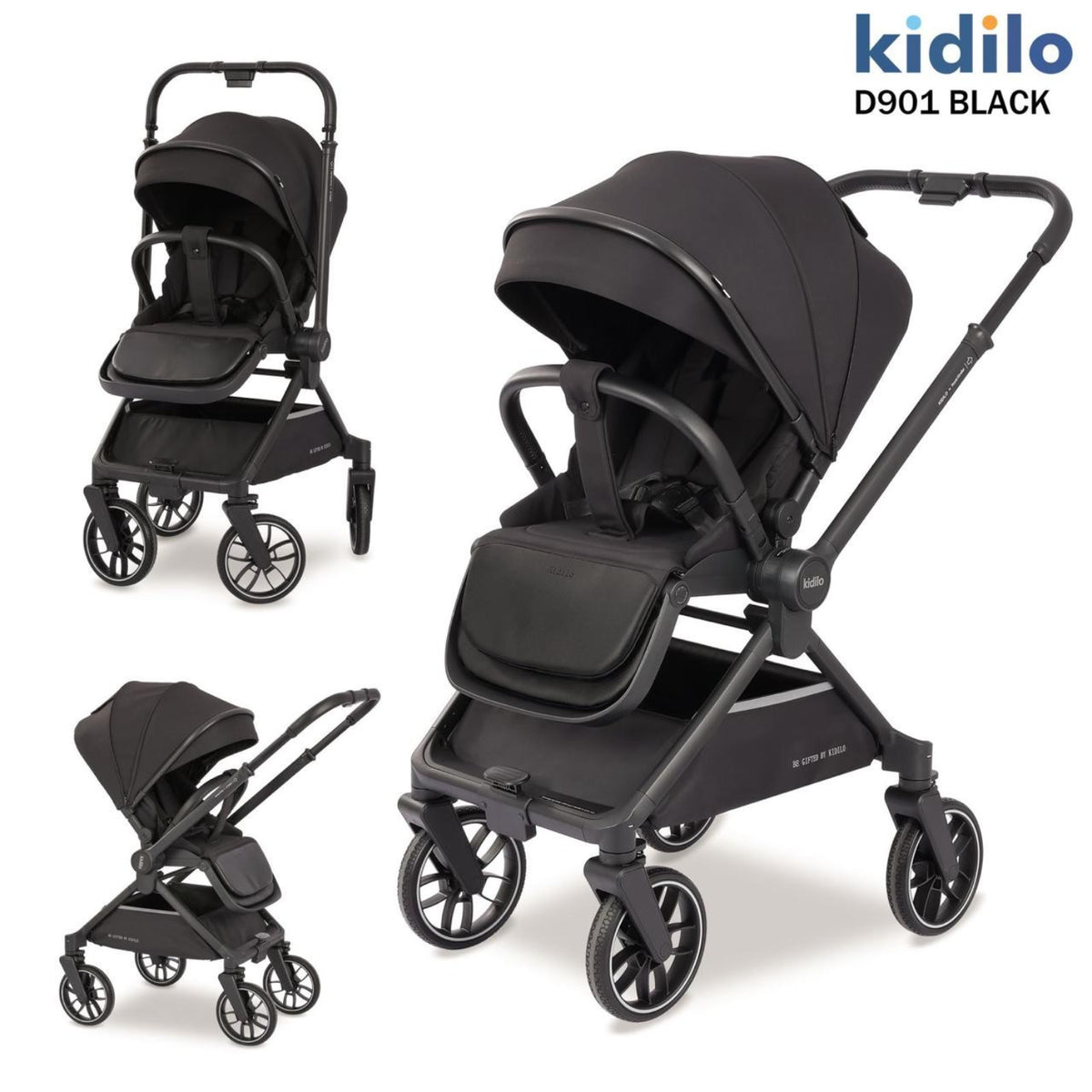 Coche KIDILO D901 negro, varias vistas, ideal para paseos con bebés.