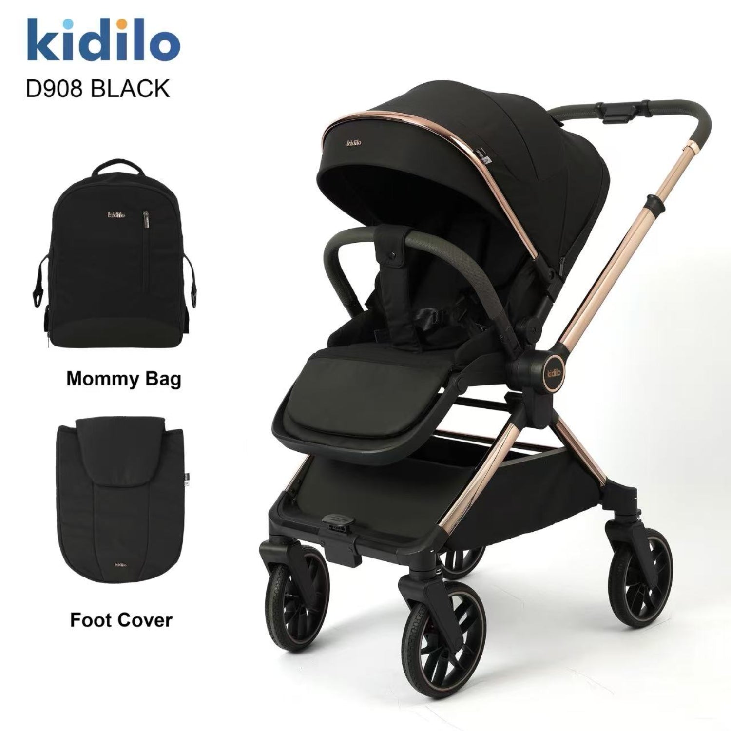 Coche negro Kidilo D908 con bolso y cubierta para pies, vista frontal