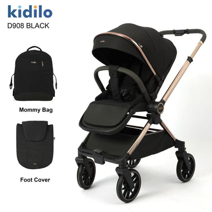 Coche negro Kidilo D908 con bolso y cubierta para pies, vista frontal