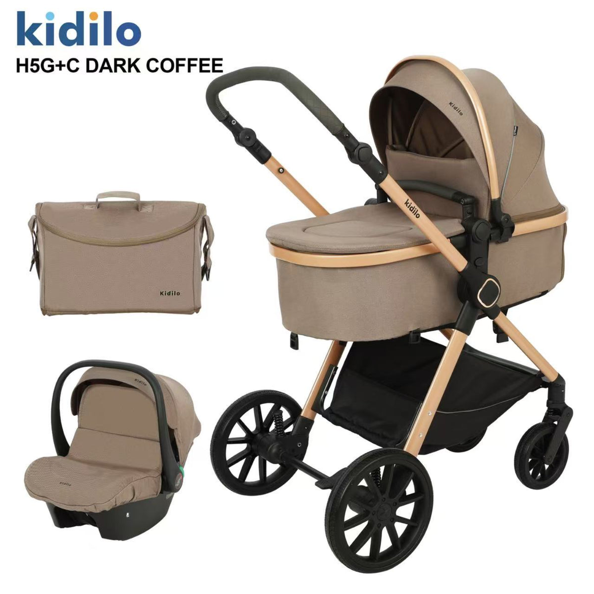 coche Kidilo color café oscuro, vista frontal con bolso y asiento para auto