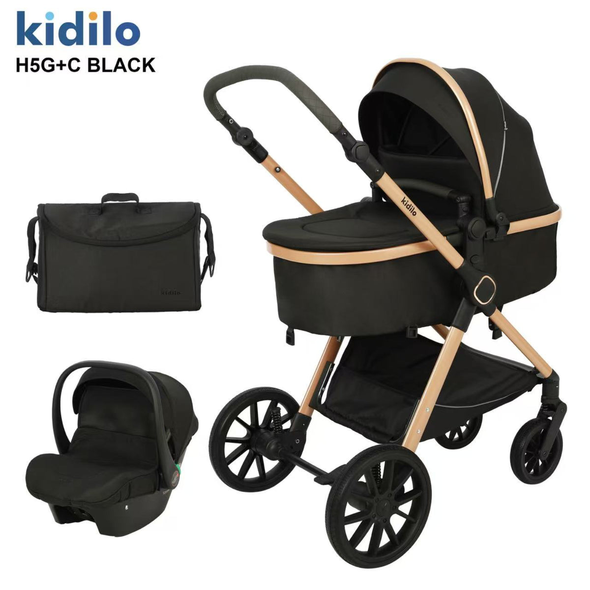 coche Kidilo H5G+C negro, vista frontal con bolsa y silla de auto