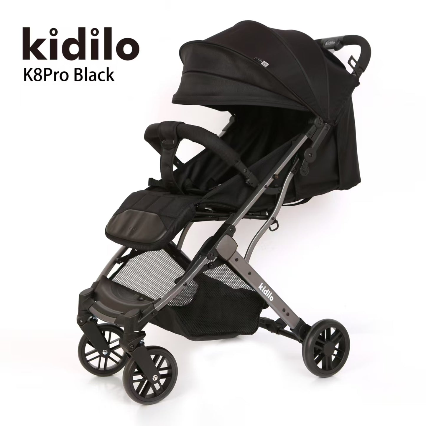 Coche Kidilo K8Pro negro lateral, cochecito funcional para bebés