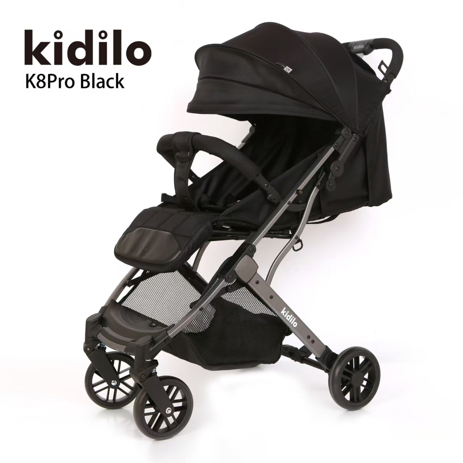 Coche Kidilo K8Pro negro lateral, cochecito funcional para bebés