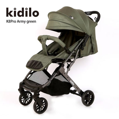 Coche Kidilo K8Pro verde militar, plegable, vista lateral con manija ajustable