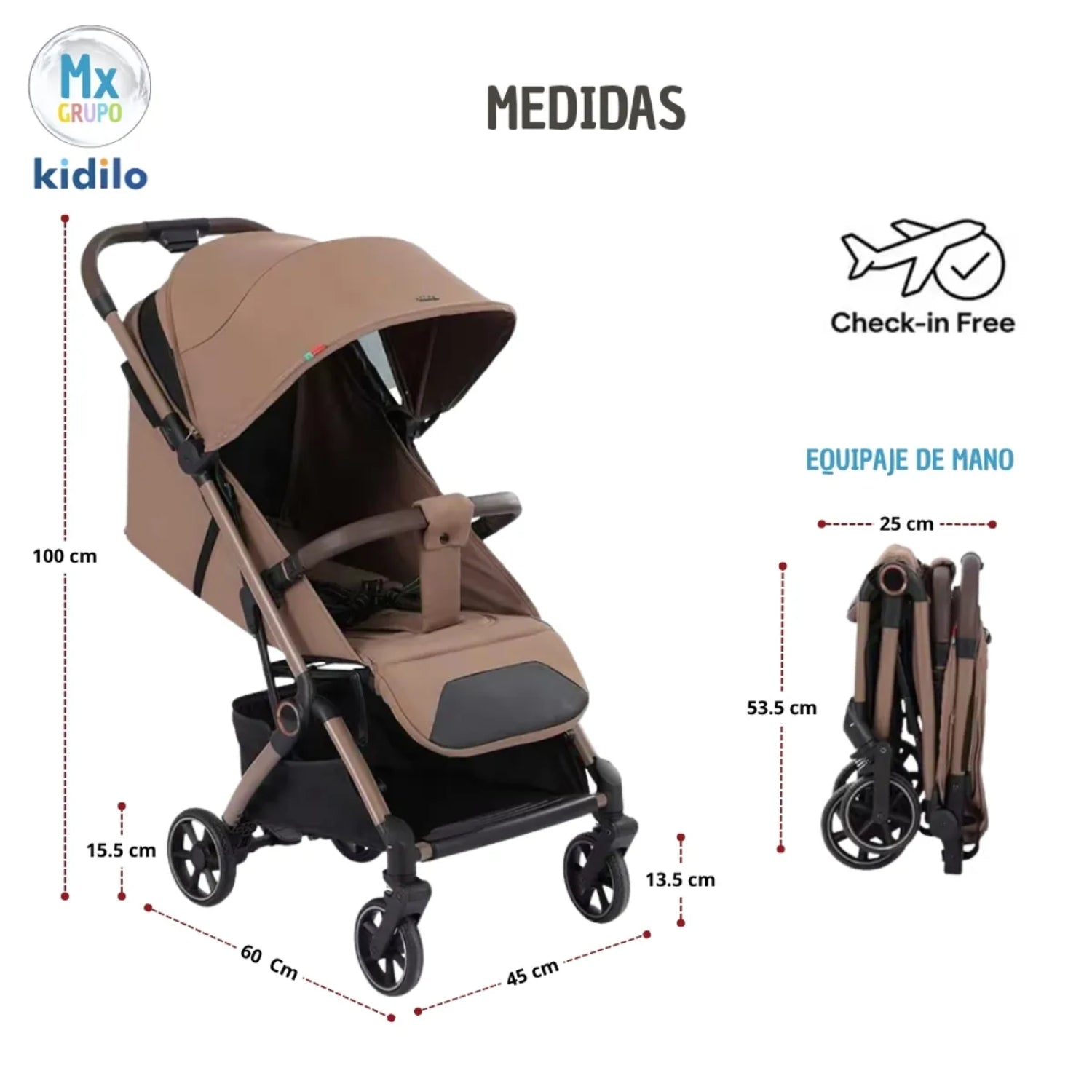 Coche KIDILO color marrón, vista frontal con medidas y plegable, ideal para viajar