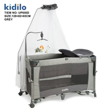 Corral gris Kidilo con malla, vista frontal, ideal para bebés y viajes