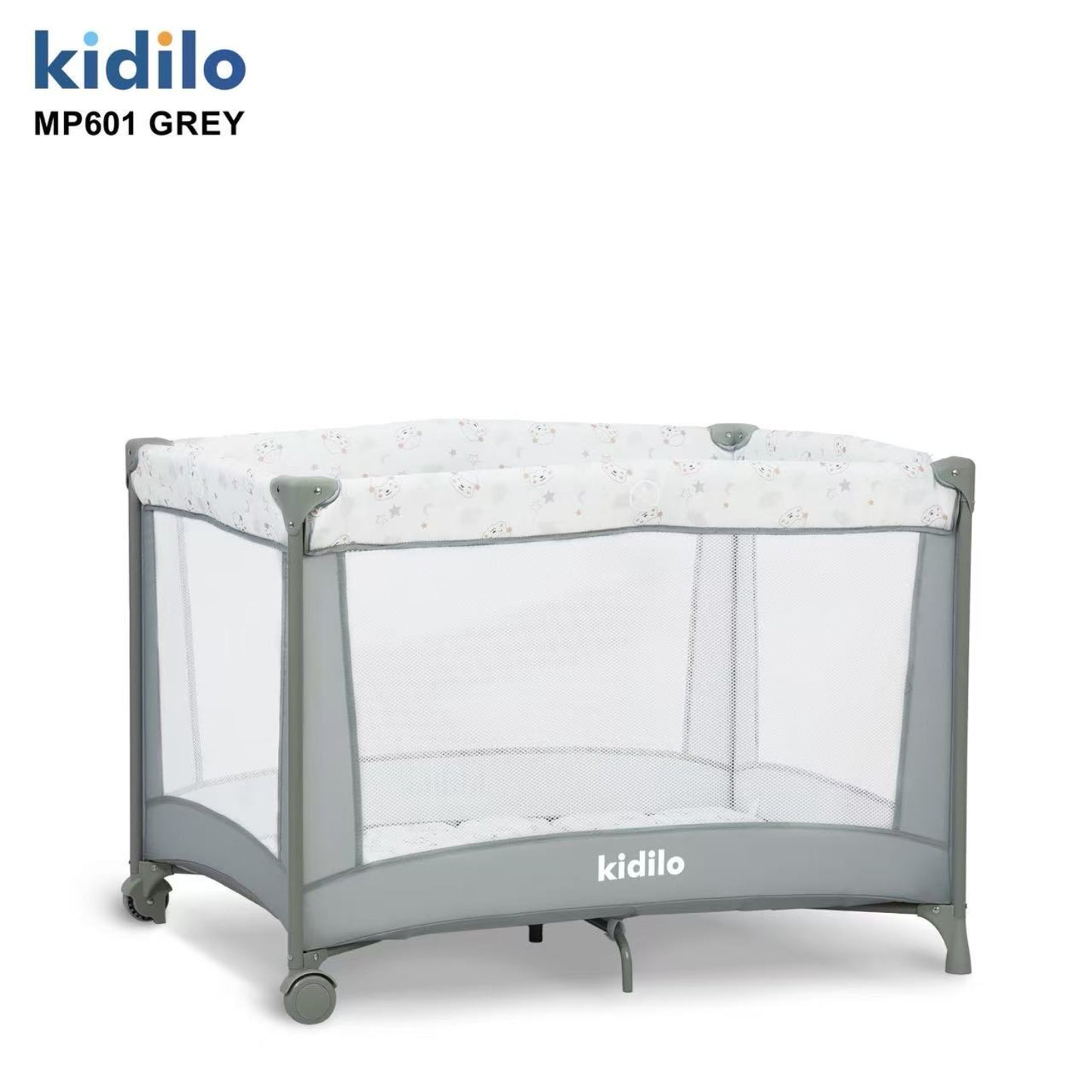 Corral gris Kidilo MP601 con malla y acolchado para bebés