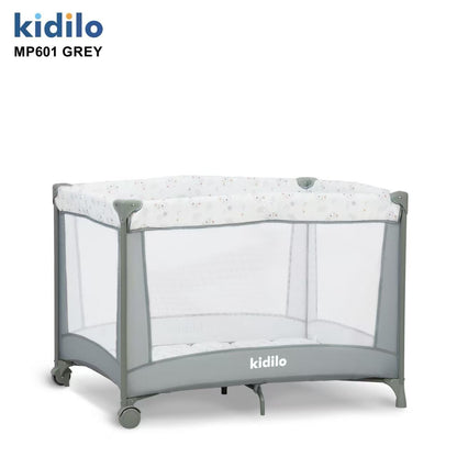 Corral gris Kidilo MP601 con malla y acolchado para bebés