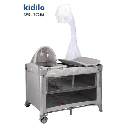 Corral gris de KIDILO con cambiador y toldo para bebés, vista frontal