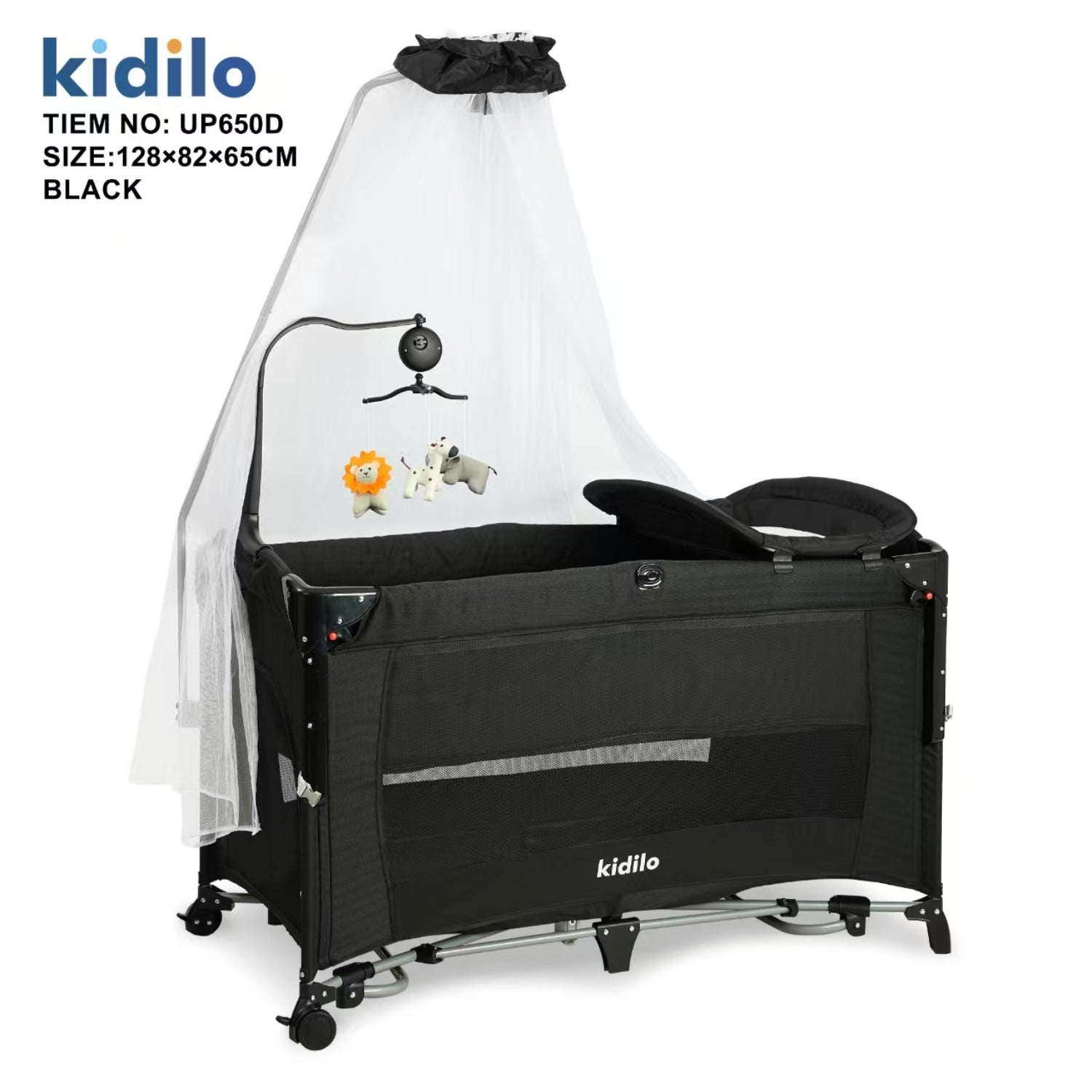 corral negro Kidilo con toldo y móvil, ideal para bebés en casa