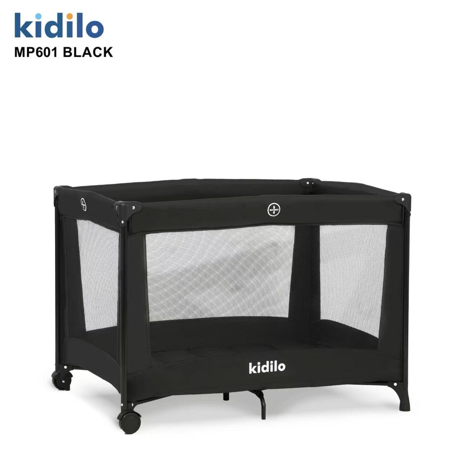 Corral negro KIDILO MP601, vista frontal, ideal para bebés y espacios seguros
