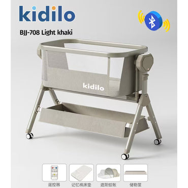 Cuna Kidilo BJJ-708 color caqui claro vista frontal con ruedas y compartimento