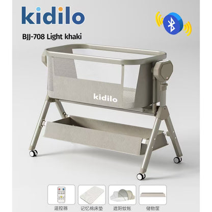 Cuna Kidilo BJJ-708 color caqui claro vista frontal con ruedas y compartimento
