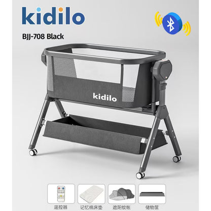Cuna Kidilo BJJ-708 negra, vista lateral con conexión Bluetooth y espacio de almacenamiento