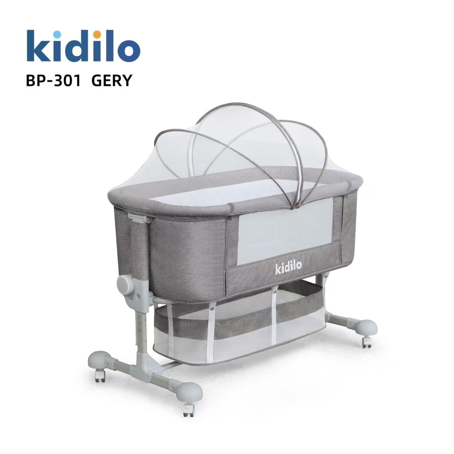 cuna colecho gris con mosquitera y soporte ajustable, habitación de bebé