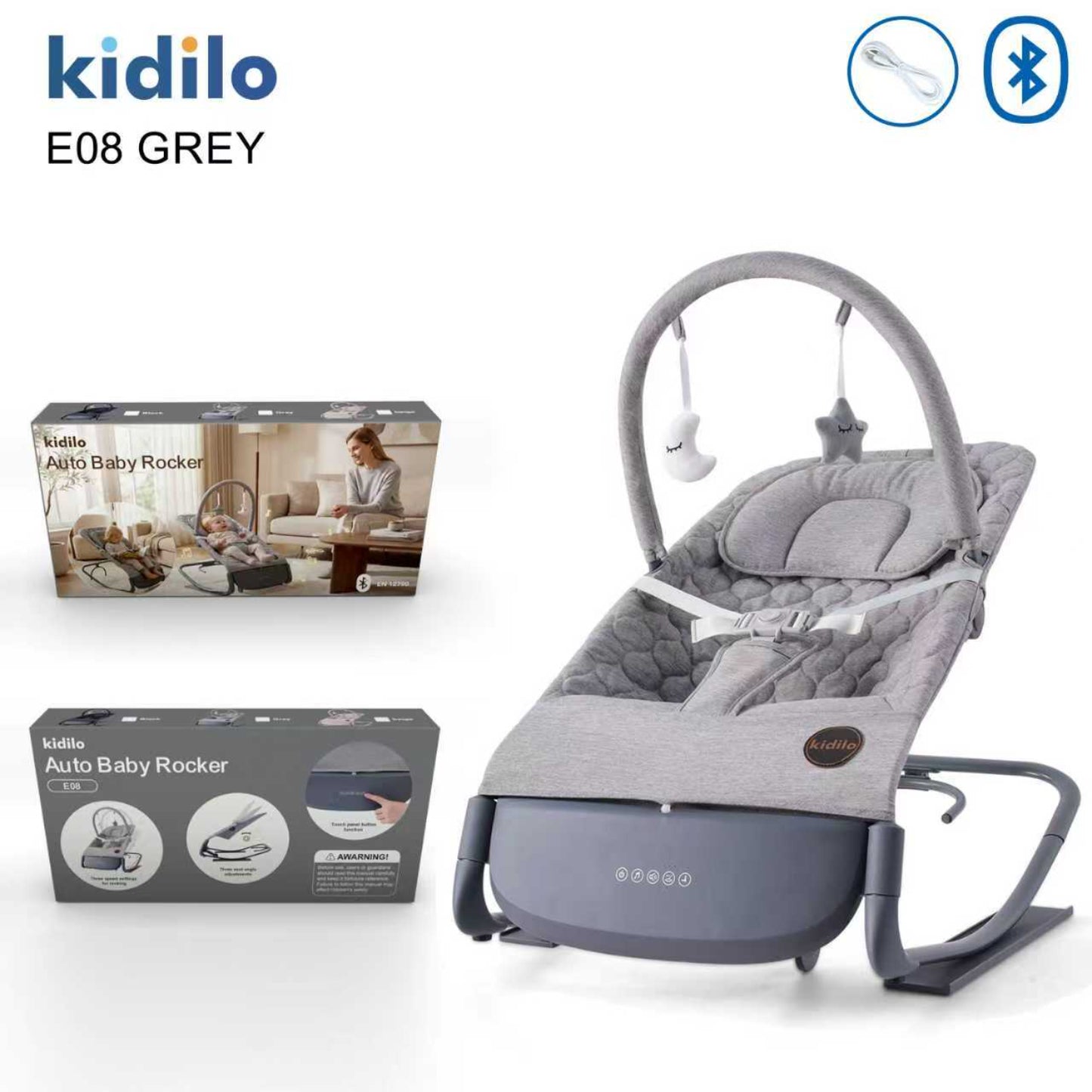 Cuna mecedora eléctrica KIDILO gris vista frontal con caja y características