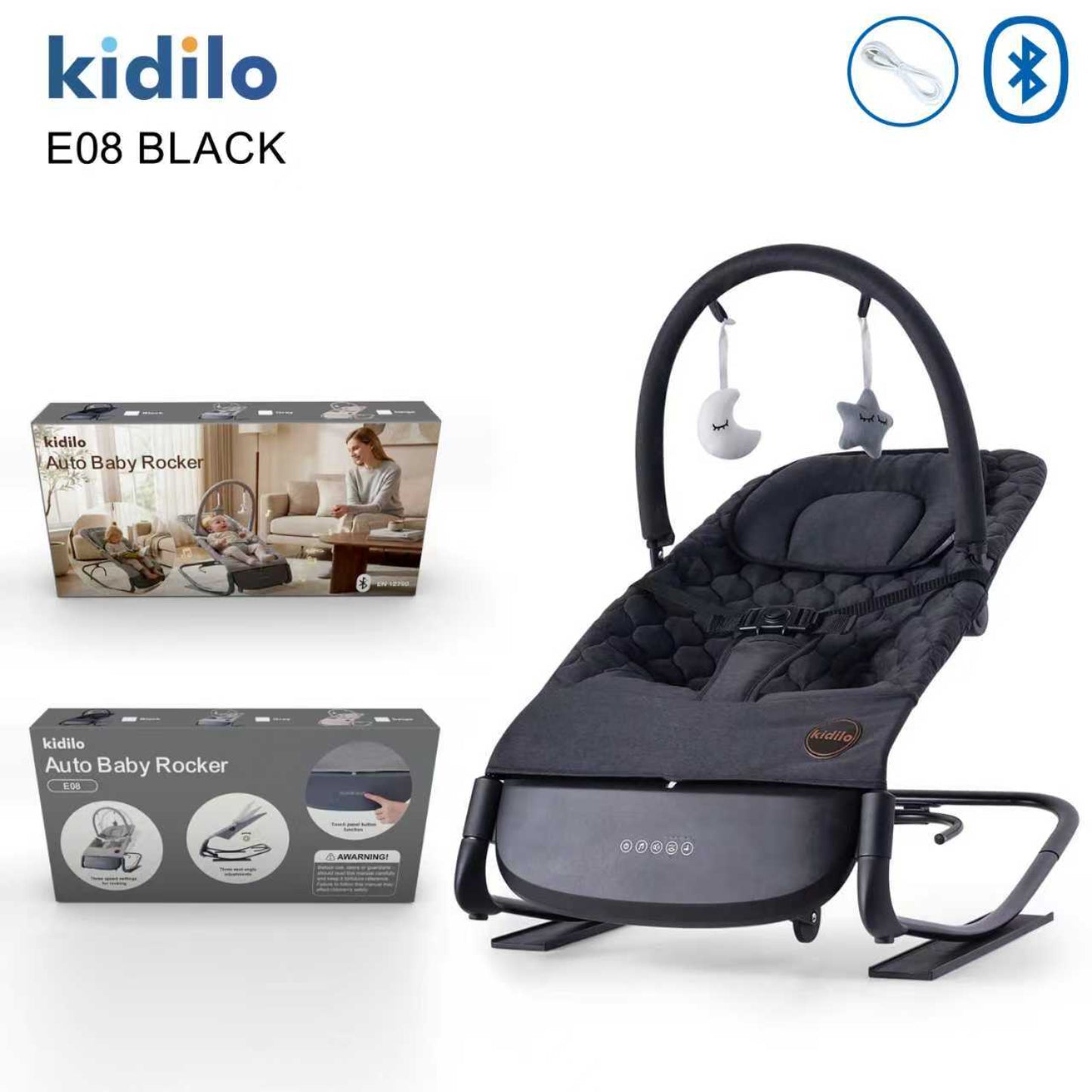 Cuna mecedora eléctrica negra Kidilo E08 con Bluetooth y diseño moderno