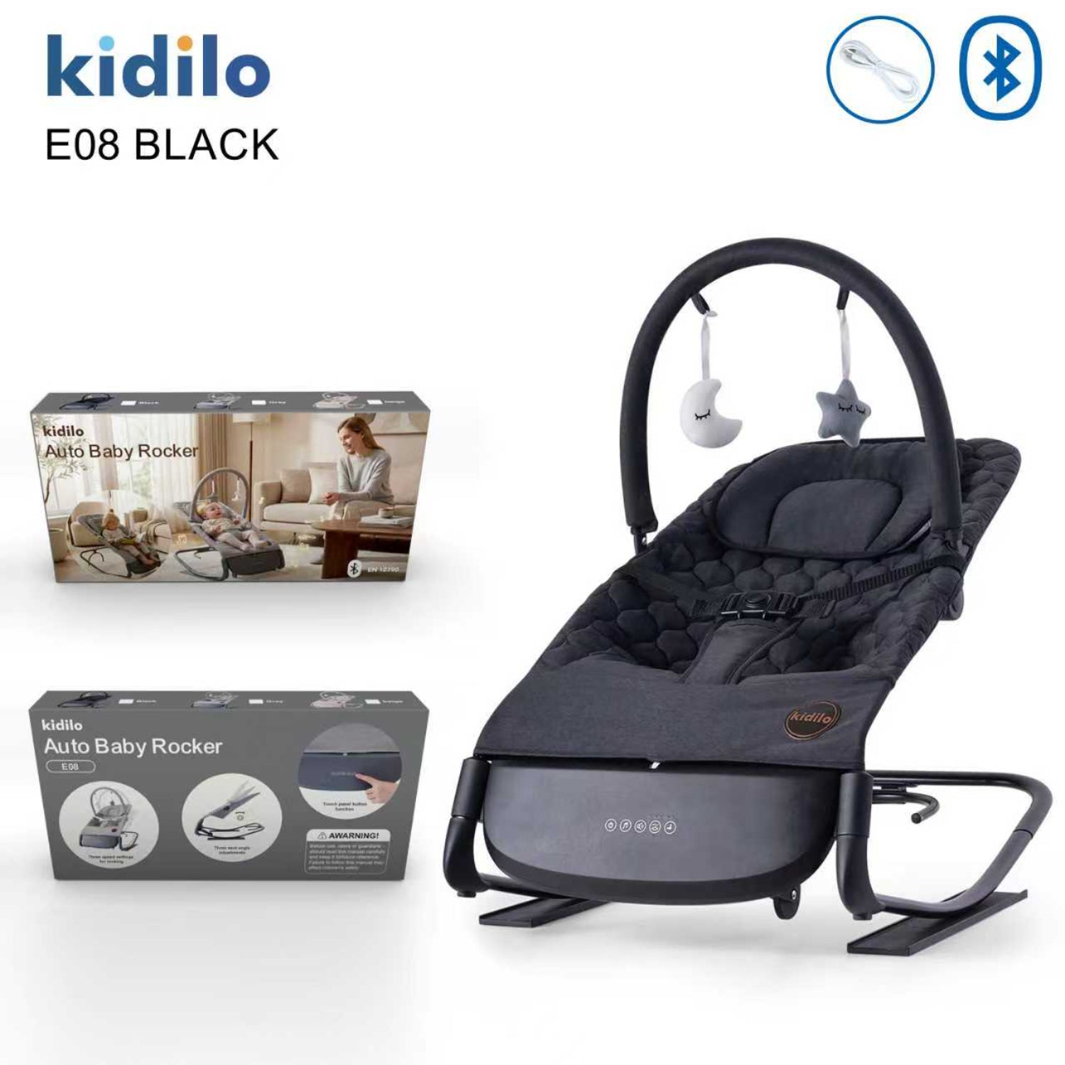 Cuna mecedora eléctrica negra Kidilo E08 con Bluetooth y diseño moderno