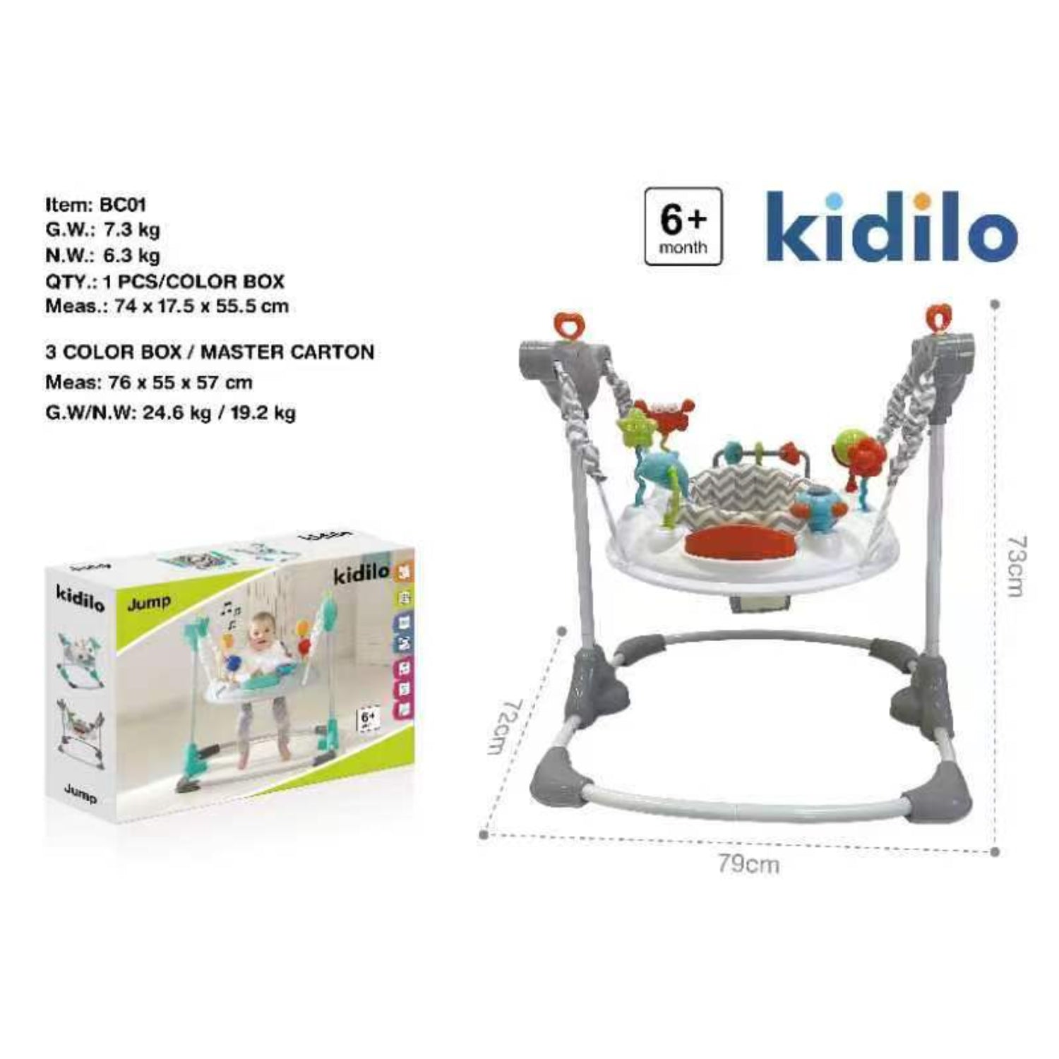 Jumper KIDILO color blanco, vista frontal en caja con juguetes y soporte