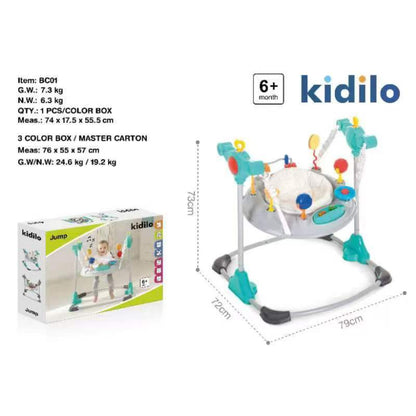Saltarín Kidilo verde y azul, vista frontal, ideal para bebés de 6 meses en adelante