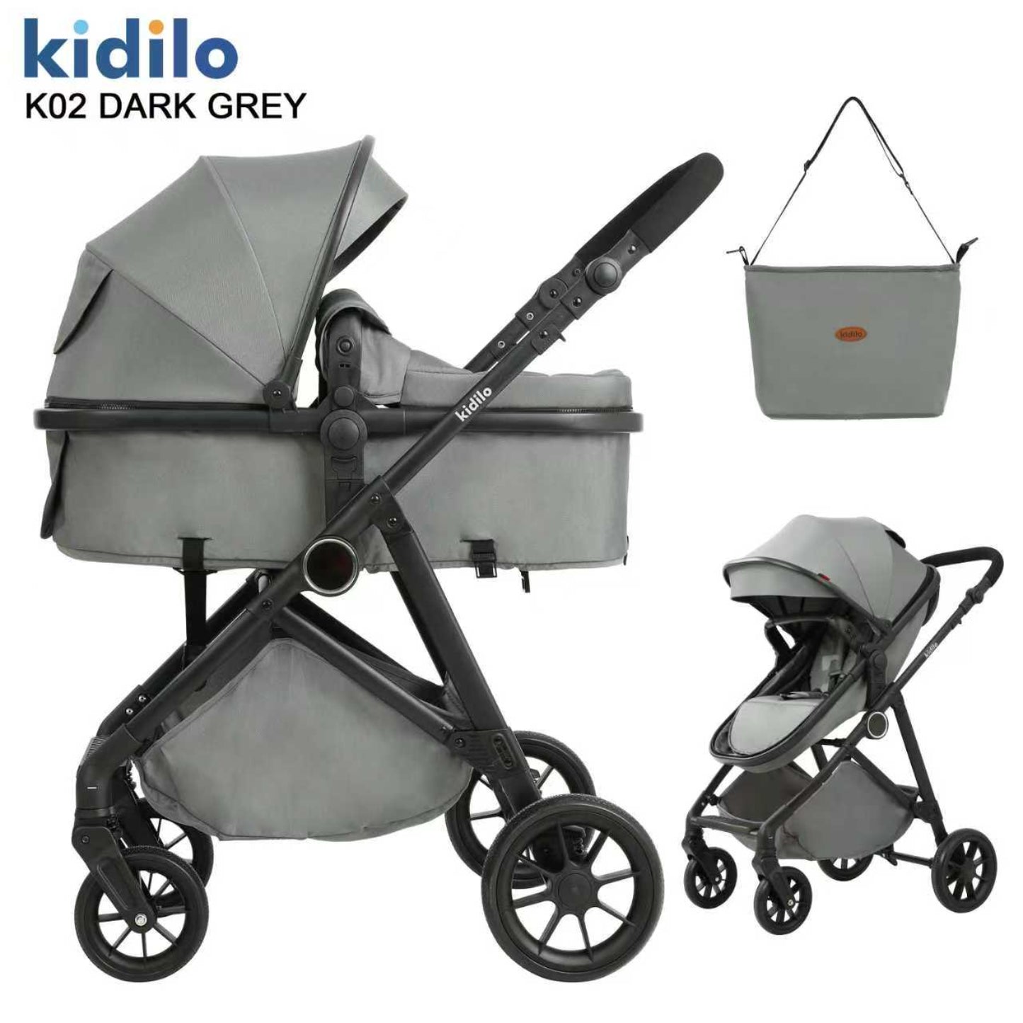 Cochecito Kidilo K02 gris oscuro, vista lateral y frontal con bolso de transporte