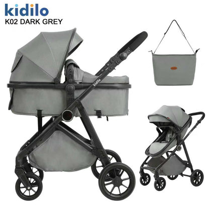 Cochecito Kidilo K02 gris oscuro, vista lateral y frontal con bolso de transporte