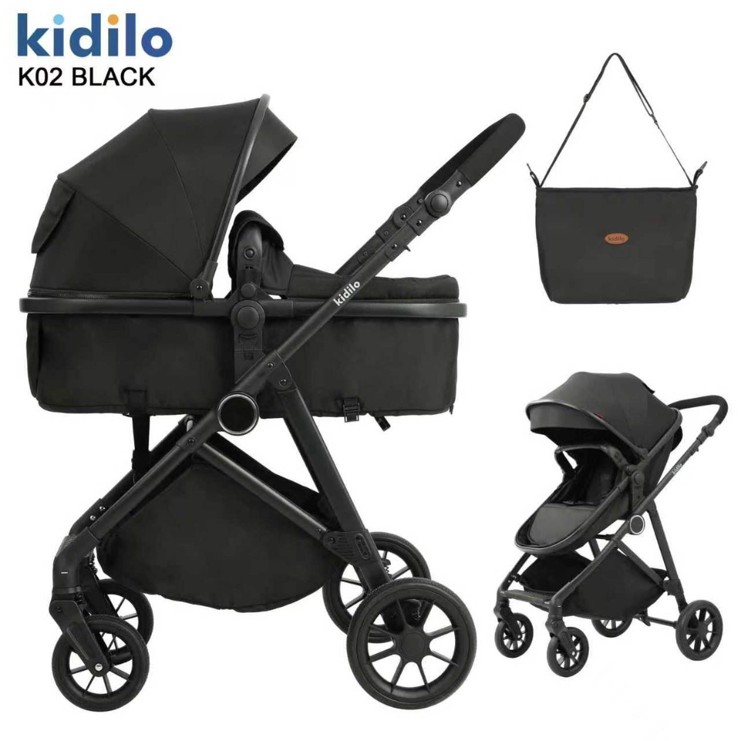 Cochecito Kidilo K02 negro, vista lateral, con bolso y capazo incluido