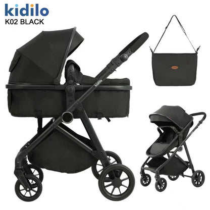 Cochecito Kidilo K02 negro, vista lateral, con bolso y capazo incluido