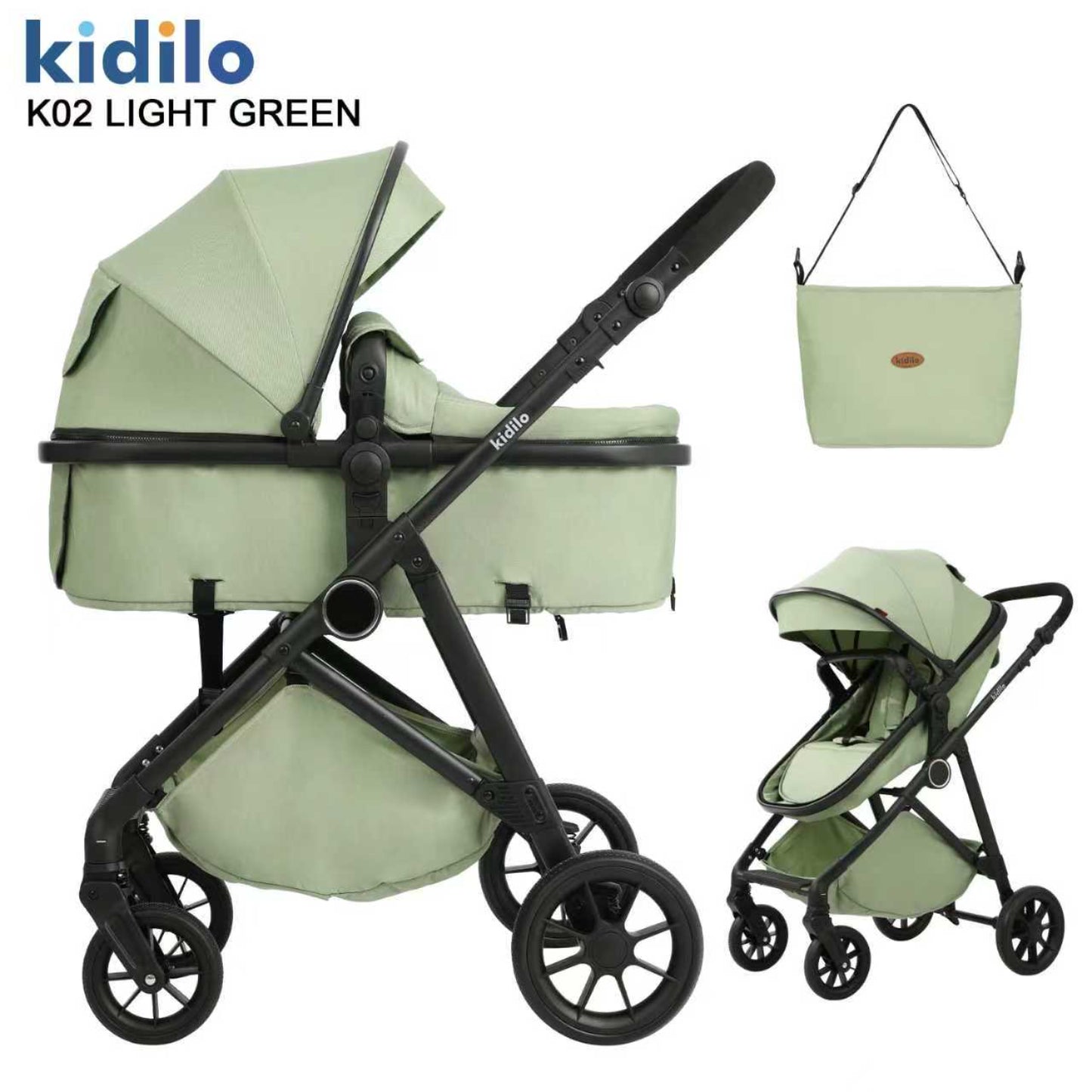 carrito de bebé Kidilo K02 verde claro, vista lateral y frontal, accesorios incluidos