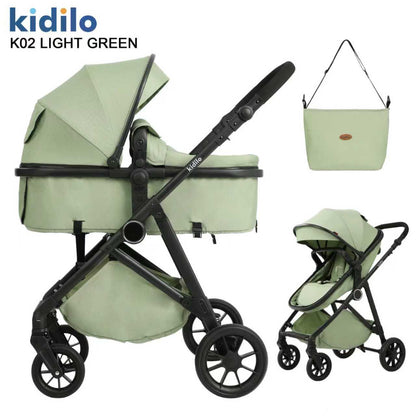 carrito de bebé Kidilo K02 verde claro, vista lateral y frontal, accesorios incluidos