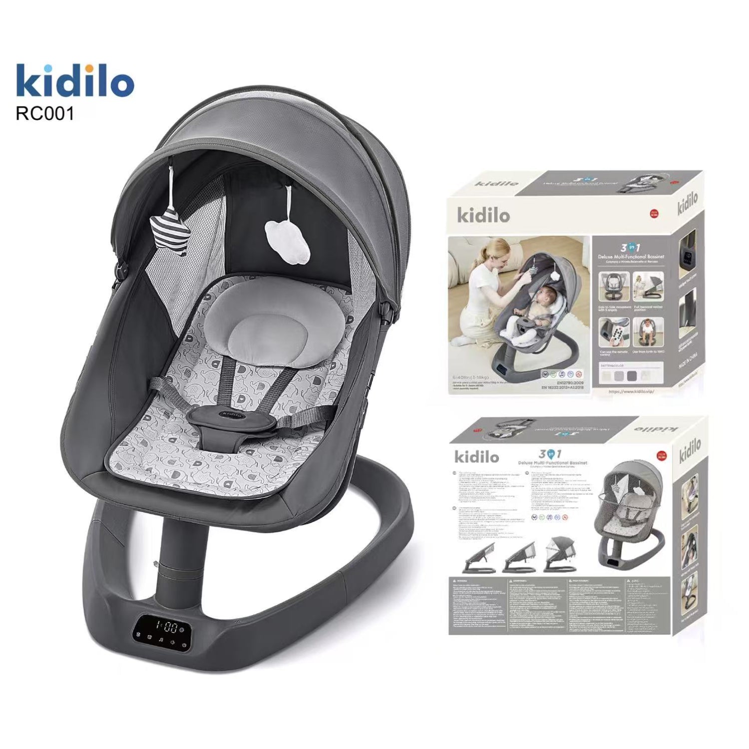 Mecedora Kidilo RC001 gris vista frontal con características y funciones