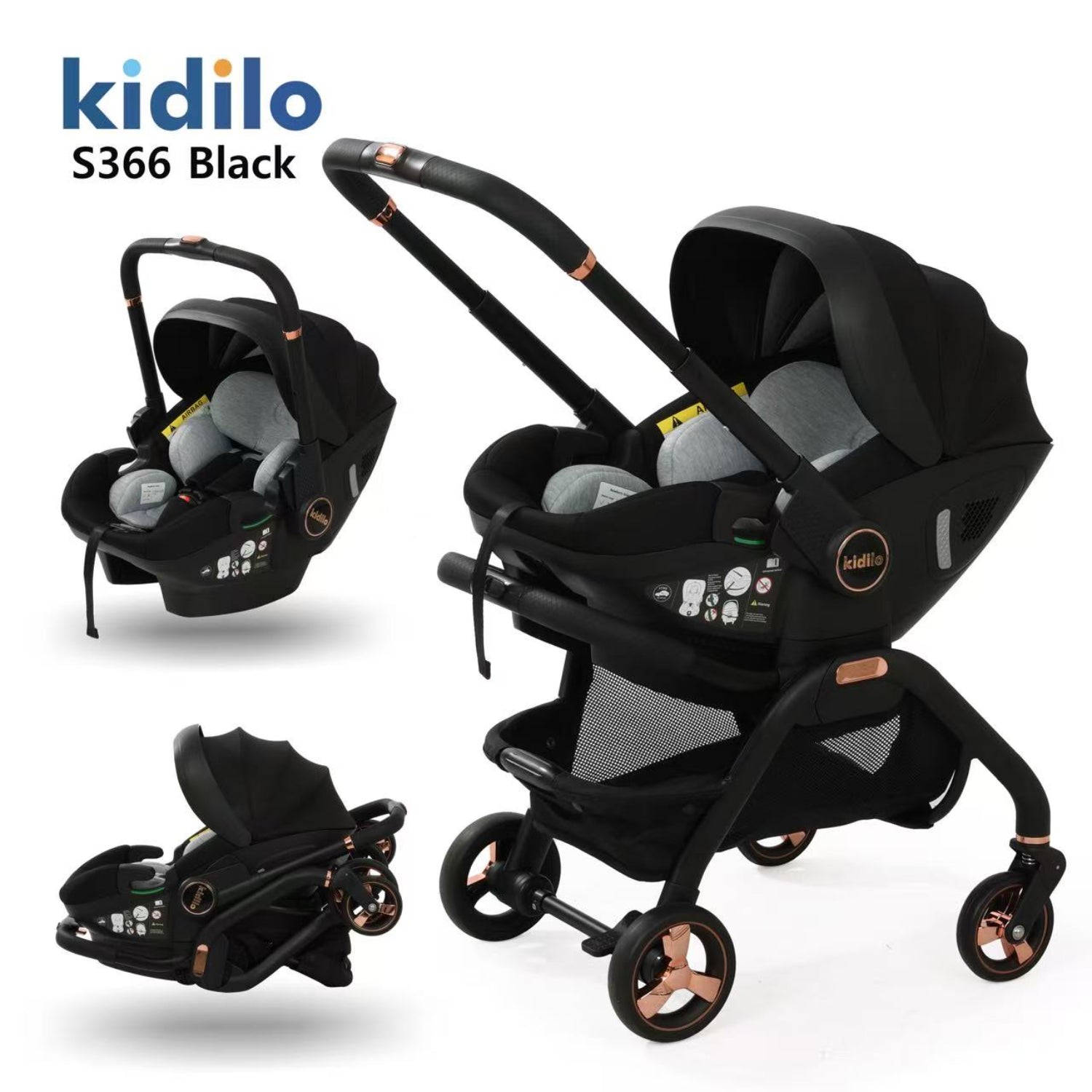 Cochecito negro Kidilo S366 con asiento para bebé y manillar ajustable