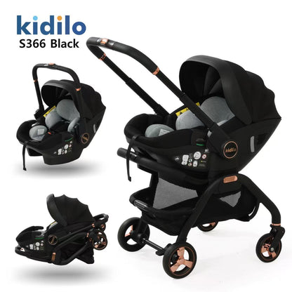 Cochecito negro Kidilo S366 con asiento para bebé y manillar ajustable