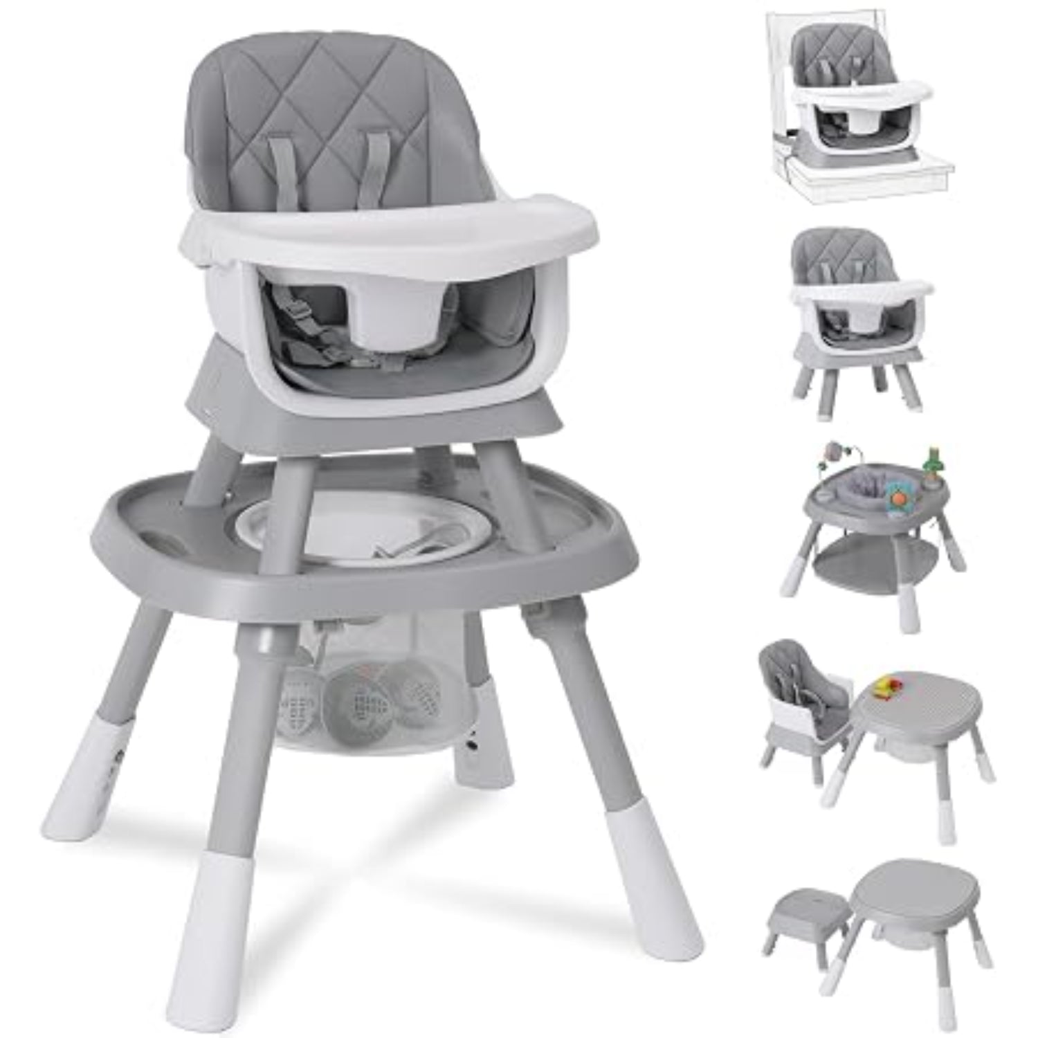 Silla alta gris con bandeja, ideal para bebés en el hogar