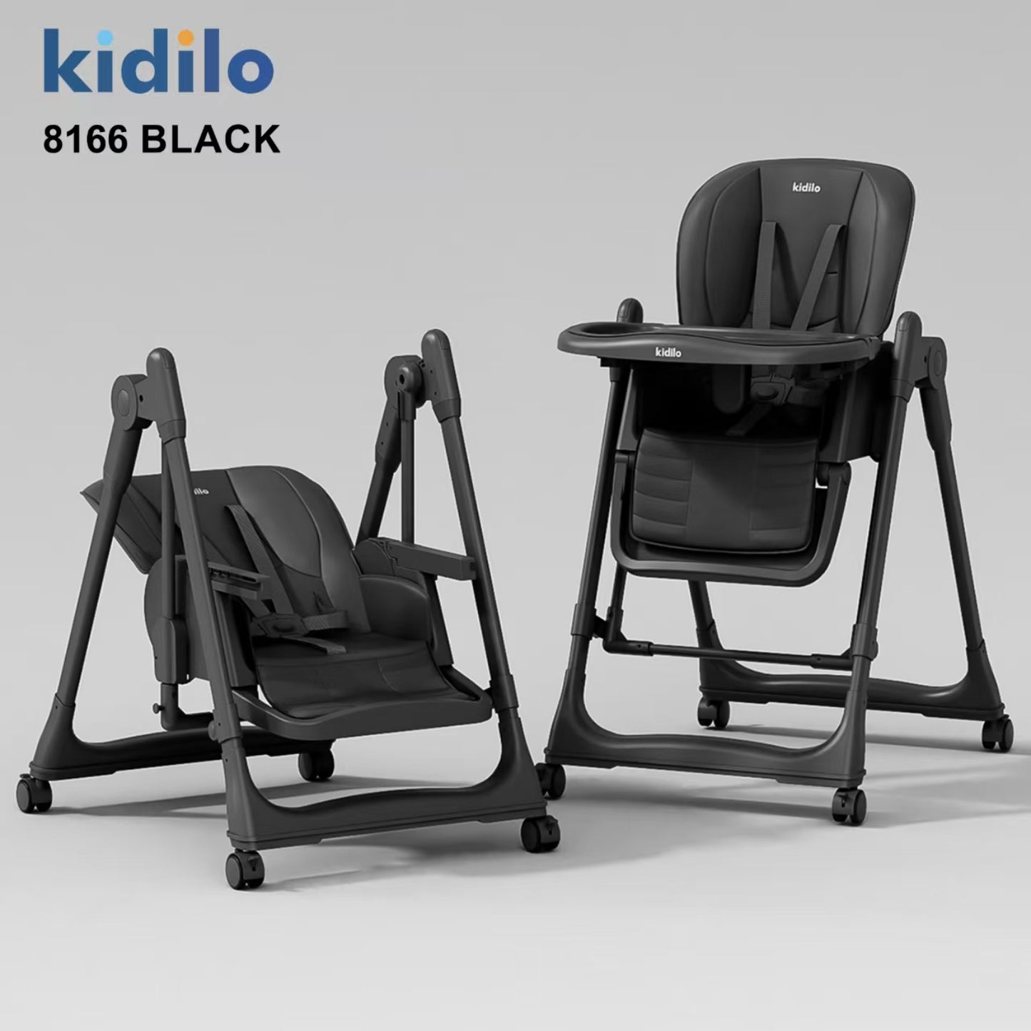 Silla Kidilo negra, vista frontal y lateral, ideal para bebés en la mesa.