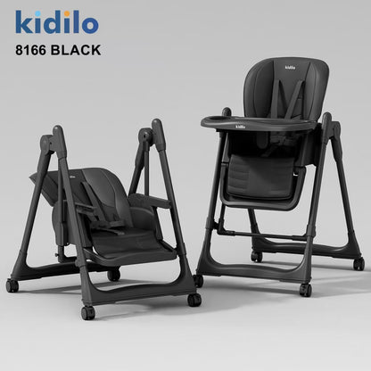 Silla Kidilo negra, vista frontal y lateral, ideal para bebés en la mesa.
