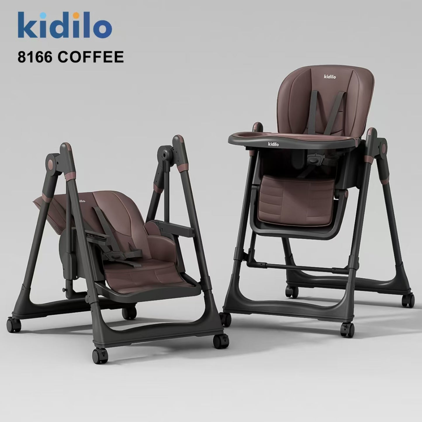 Silla alta Kidilo 8166 color café, vista frontal y lateral, versátil y ajustable