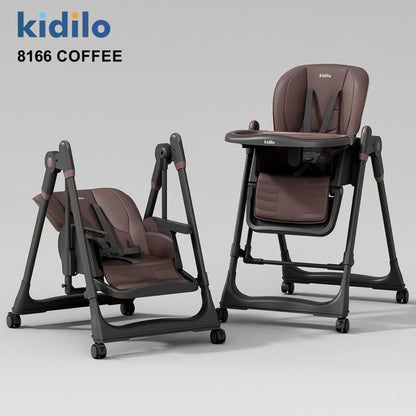 Silla alta Kidilo 8166 color café, vista frontal y lateral, versátil y ajustable