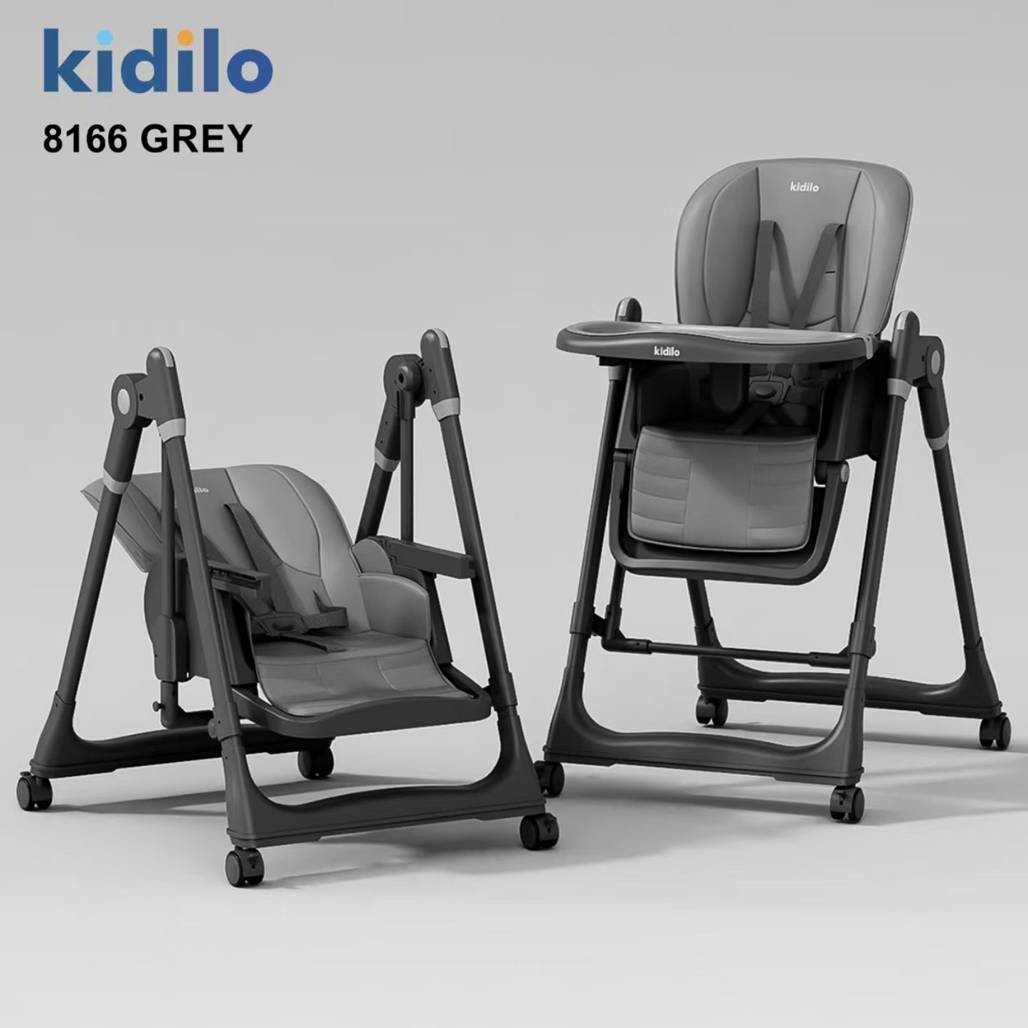 Silla Kidilo 8166 gris, vista frontal y lateral en entorno moderno