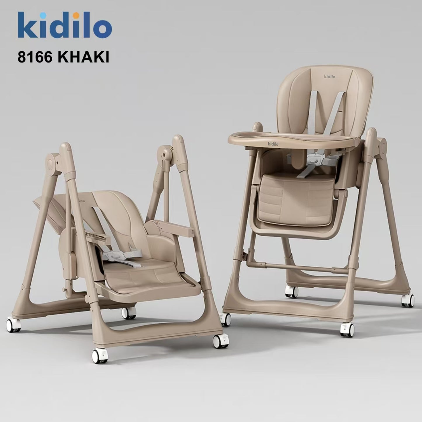 Silla Khaki Kidilo, vista frontal y lateral, ideal para bebés y niños pequeños