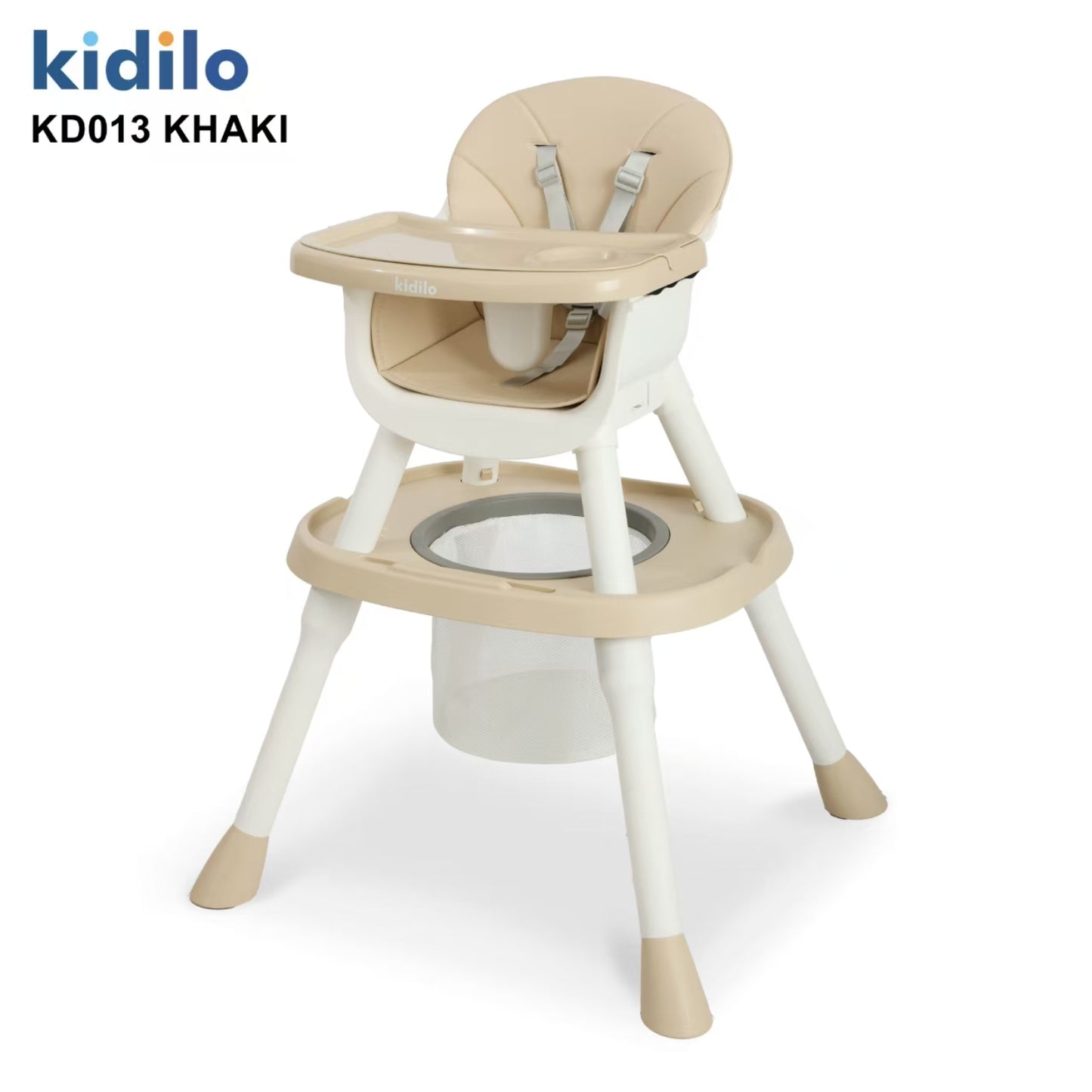 Silla alta Kidilo KD013 en color caqui, vista frontal con bandeja y soporte