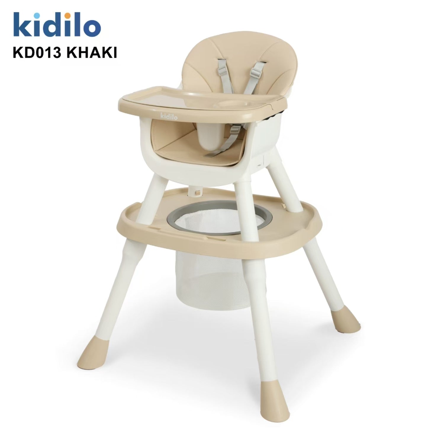 Silla alta Kidilo KD013 en color caqui, vista frontal con bandeja y soporte