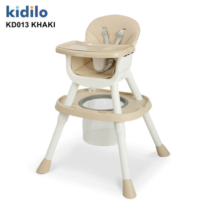 Silla alta Kidilo KD013 en color caqui, vista frontal con bandeja y soporte
