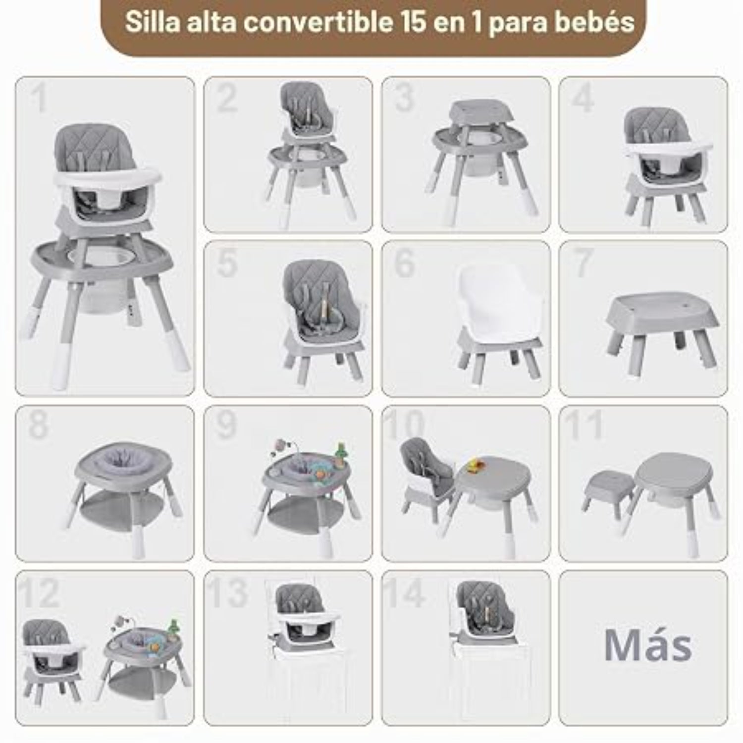 Silla alta convertible 15 en 1 para bebés, vista frontal mostrando varias configuraciones